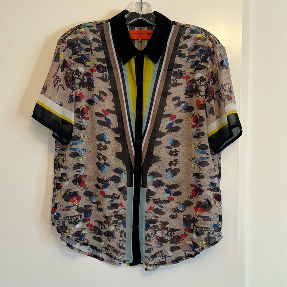 Clover Canyon blouse, size M, sheer, summer beach print